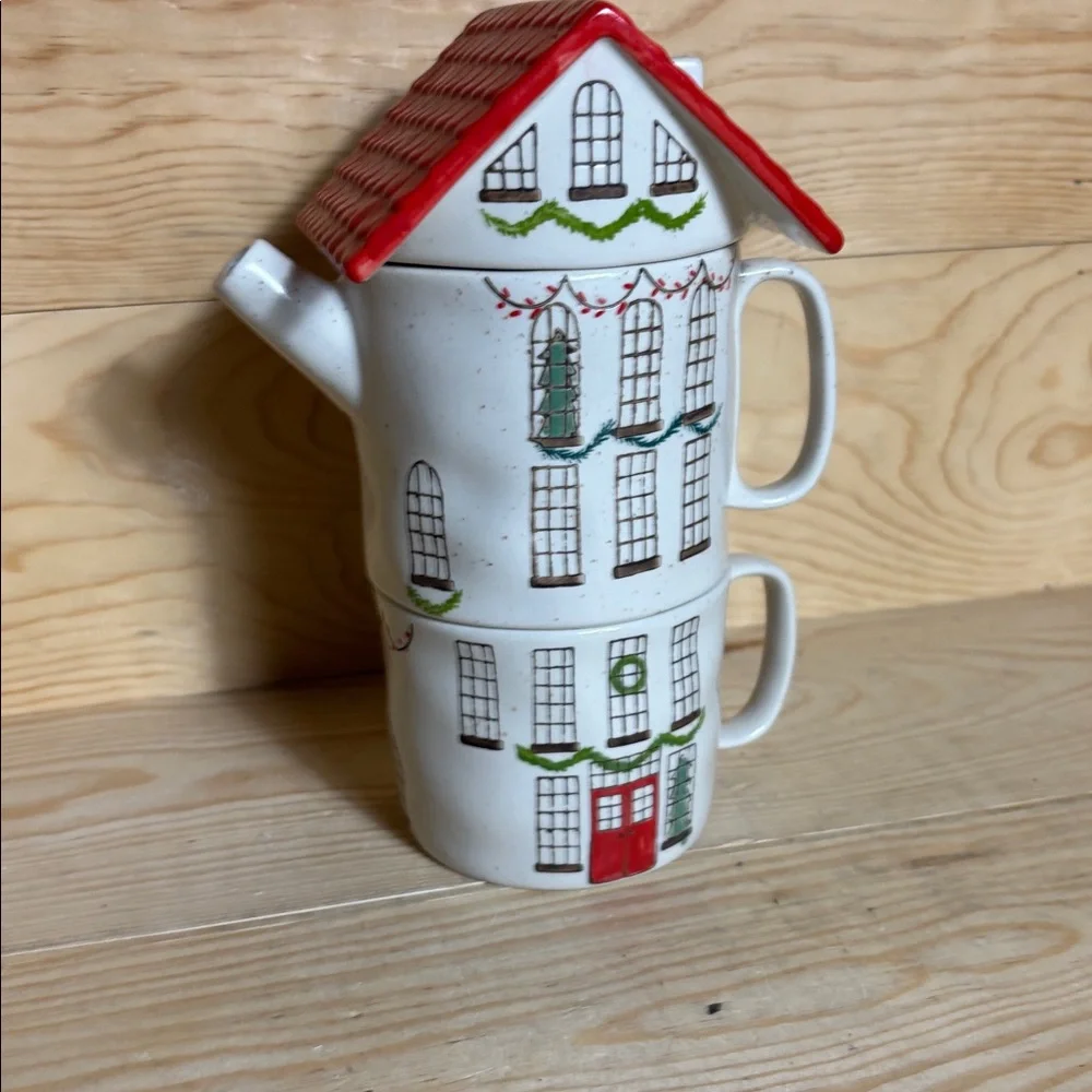 Anthropologie Festive Red‎ and White Teapot tower